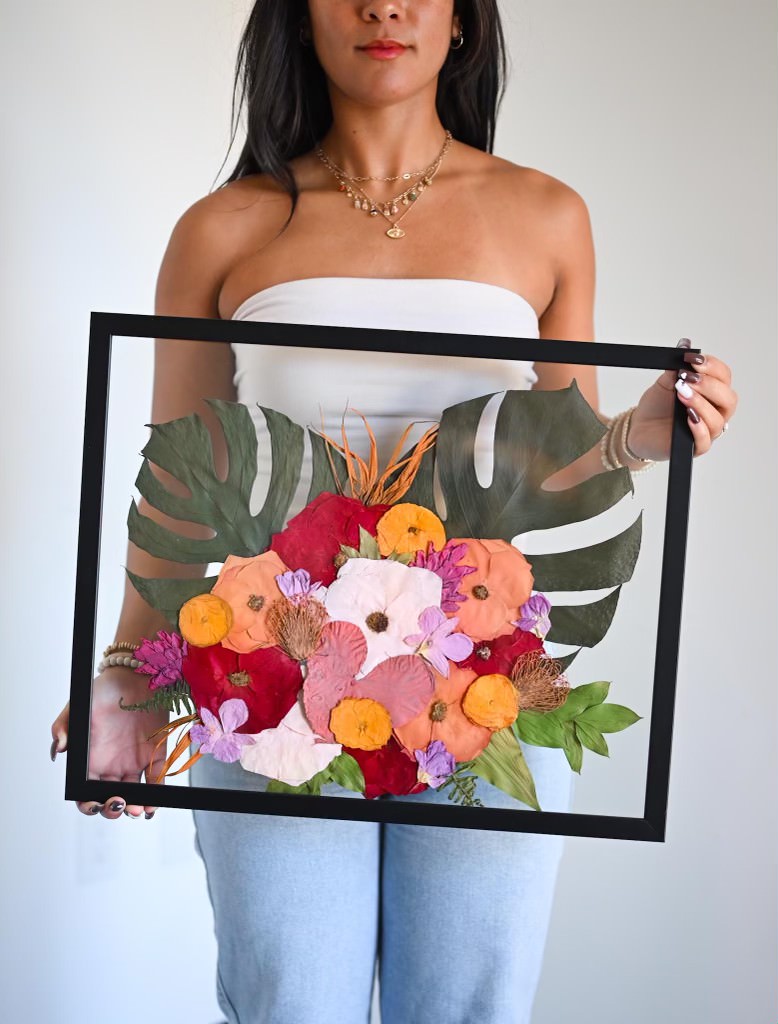 Pressed wedding bouquet framed by Olive Branch Studios for a St. Petersburg, FL couple
