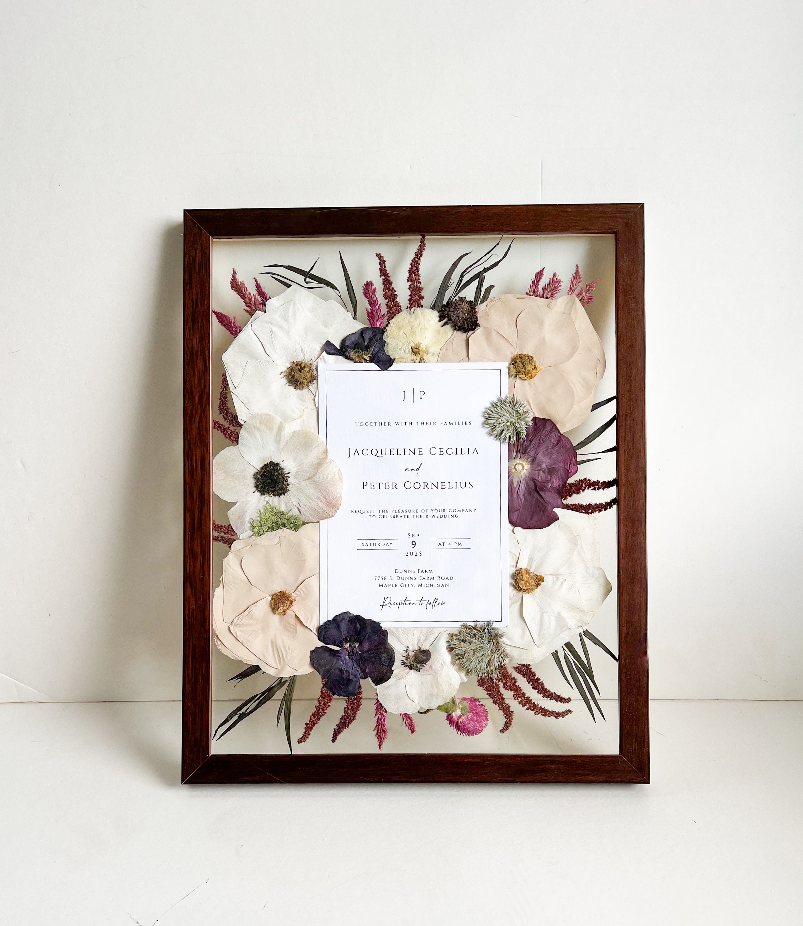 flower preservation frame with invitation